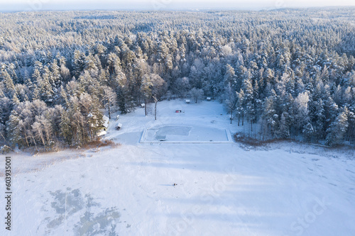 Wallpaper Mural Beautiful winter drone aerial landscape photo - snowy frozen trees and lake on sunset time, Poland, Suwalszczyzna Torontodigital.ca