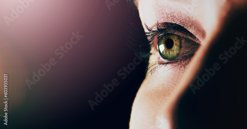 Obraz na płótnie Woman, face and closeup of eye on mockup space for vision or sight against a dark background