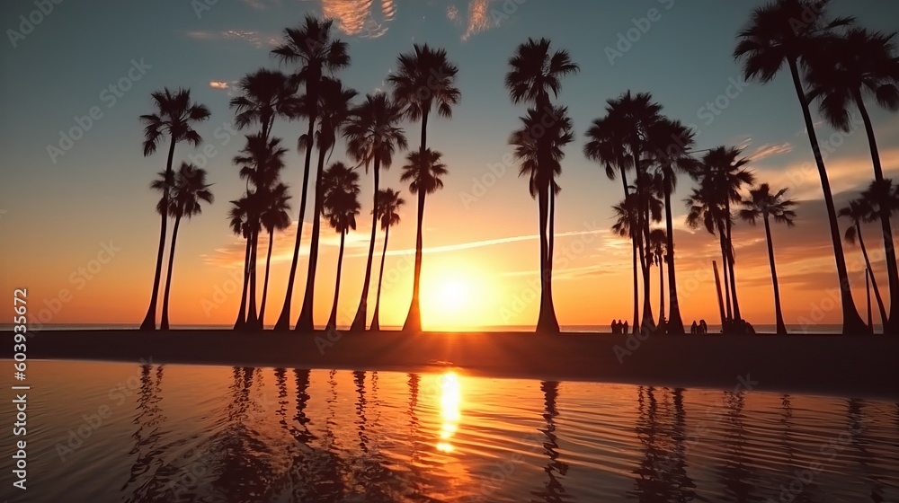 Evening on the beach with palm trees. An evening on the beach with palm trees. Colorful picture for rest. Blue palm trees at sunset. Orange sunset in the blue sky. Palmeny island. Summer generative ai