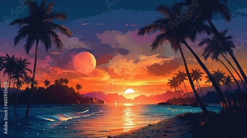 Evening on the beach with palm trees. An evening on the beach with palm trees. Colorful picture for rest. Blue palm trees at sunset. Orange sunset in the blue sky. Palmeny island. Summer generative ai © Chingiz