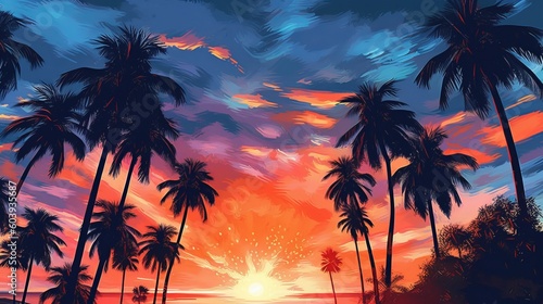 Evening on the beach with palm trees. An evening on the beach with palm trees. Colorful picture for rest. Blue palm trees at sunset. Orange sunset in the blue sky. Palmeny island. Summer generative ai © Chingiz