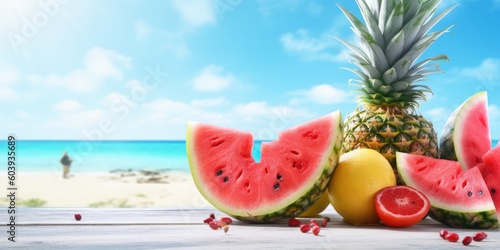 Freshy fruits watermelon and pineapple on tropical beach blue sky background. Generative AI