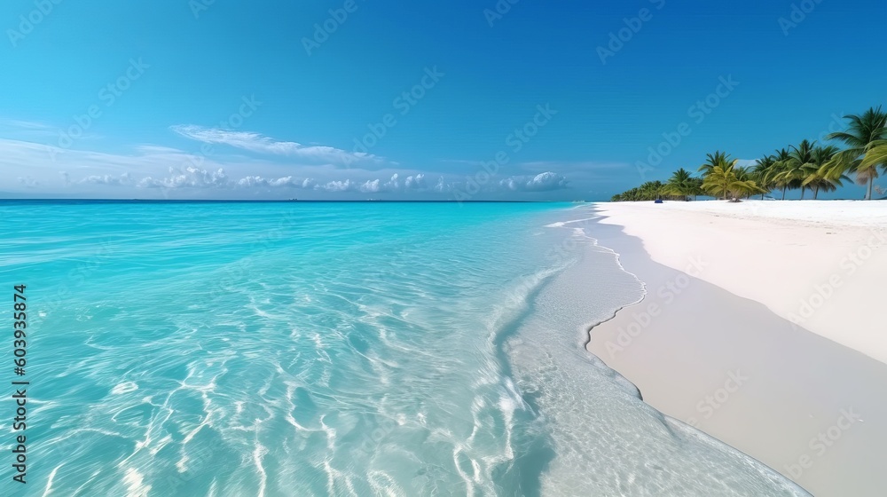 Fototapeta premium Panorama of a beautiful white sand beach and turquoise water in Maldives. Holiday summer beach background.. Wave of the sea on the sand beach. generative ai