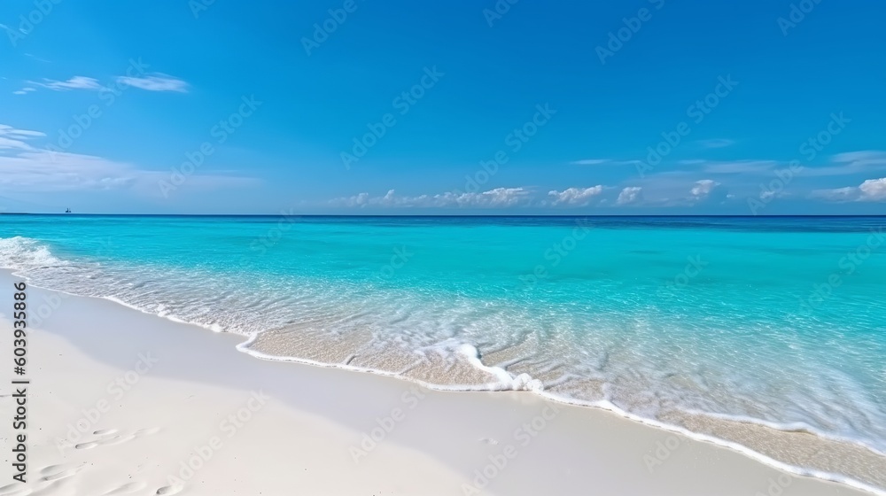 Panorama of a beautiful white sand beach and turquoise water in Maldives. Holiday summer beach background.. Wave of the sea on the sand beach. generative ai