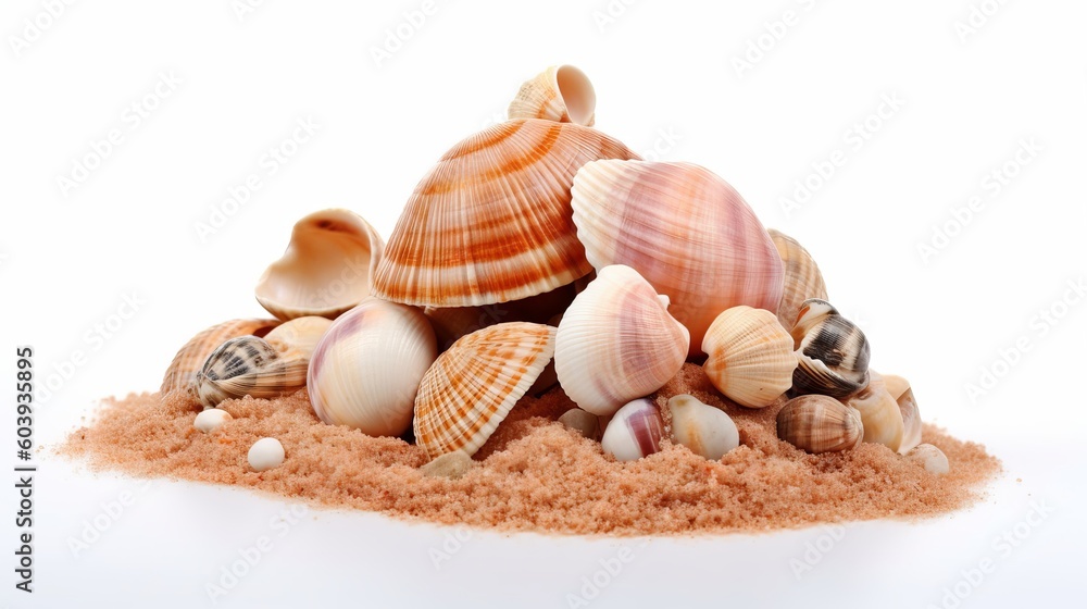 Sea shells in sand pile isolated on white background generative ai Sea shells in sand pile isolated on white background generative ai