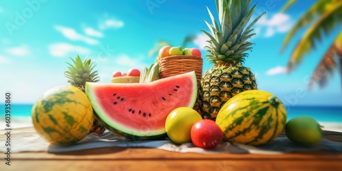 Freshy fruits watermelon and pineapple on tropical beach blue sky background. Generative AI