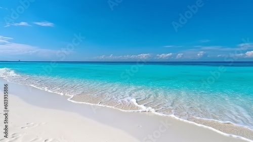 Panorama of a beautiful white sand beach and turquoise water in Maldives. Holiday summer beach background.. Wave of the sea on the sand beach. generative ai