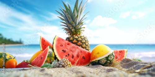 Freshy fruits watermelon and pineapple on tropical beach blue sky background. Generative AI