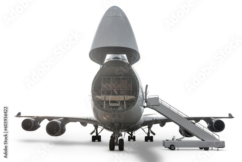 Front view of the wide body cargo airplane with an open nose hatch isolated on white background