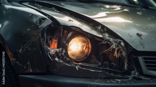 Pictorial Representation of a Broken and Fractured Headlight on a Vehicle, Showcasing the Aftermath of an Accident - Generative AI Illustration