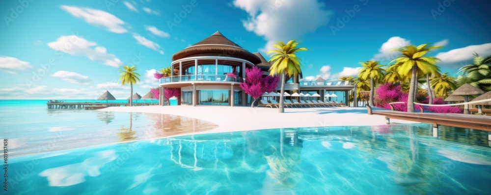 Luxury Resort on Tropical Beach, Hotel with Swimming Pool for Summer Time. Generative AI