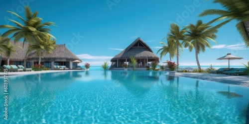 Luxury Resort on Tropical Beach, Hotel with Swimming Pool for Summer Time. Generative AI © CYBERUSS
