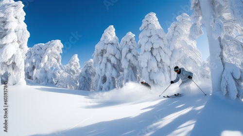 Sportsman is on snowboard is riding in the mountains with trees. Beautiful illustration picture. Generative AI