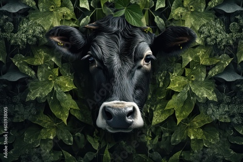 Close up view of cow that surrounded by green plants. Beautiful illustration picture. Generative AI