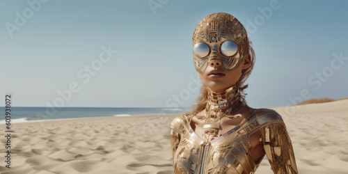 Blonde Frau am Strand in einem extravaganten goldenen Outfit, Generative AI photo