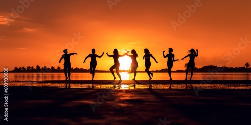 Silhouette Group of Firends Dancing on The Beach Summer Sunset Background. Generative AI
