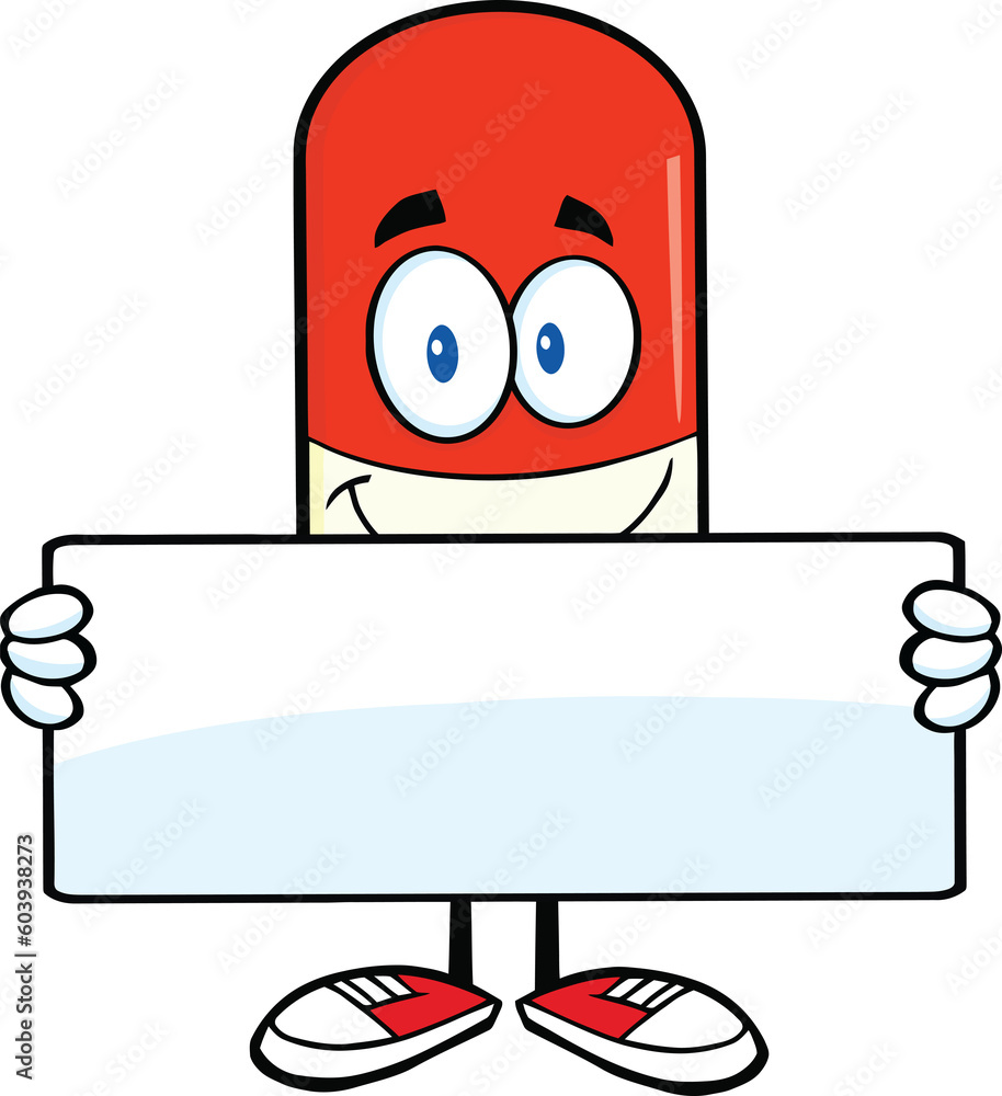 Pill Capsule Cartoon Mascot Character Holding A Banner. Hand Drawn Illustration Isolated On Transparent Background Pill Capsule Cartoon Mascot Character Holding A Banner. Hand Drawn Illustration Isolated On Transparent Background