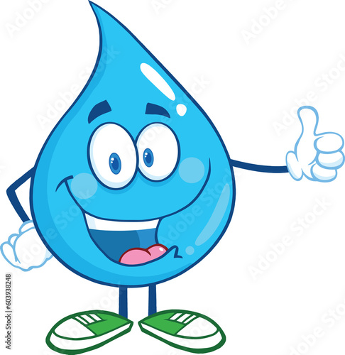 Happy Water Drop Character Giving A Thumb Up. Hand Drawn Illustration Isolated On Transparent Background
