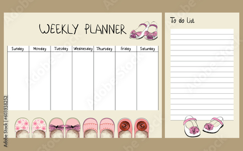 Hand drawing vector weekly planner with shoes.