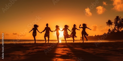 Silhouette Group of Firends Dancing on The Beach Summer Sunset Background. Generative AI