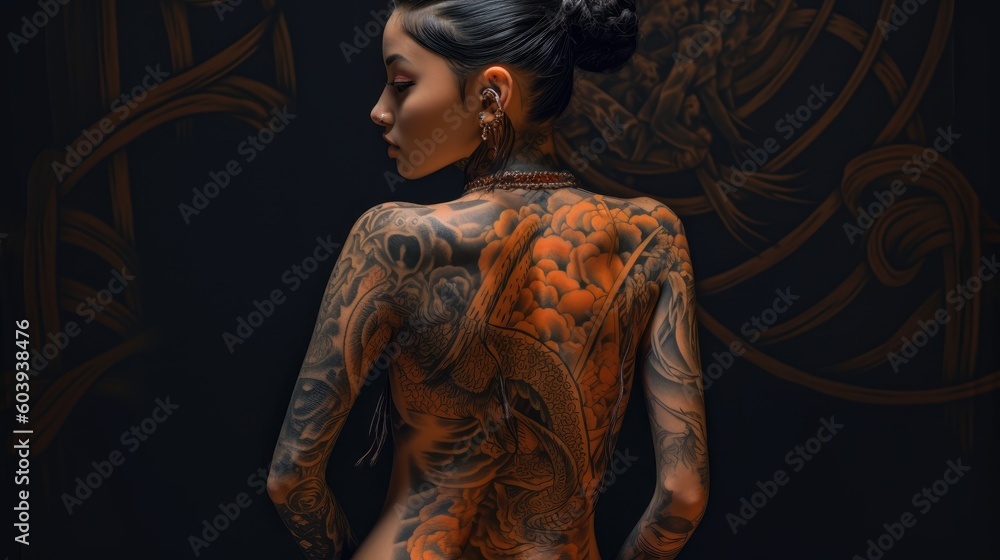 Looking behind. Rear view of tattooed asian woman. Beautiful illustration picture. Generative AI