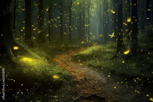 Fairy forest. Flock of fireflies. Beautiful illustration picture. Generative AI © standret