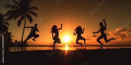 Silhouette Group of Firends Jumping on The Beach Summer Sunset Background. Generative AI