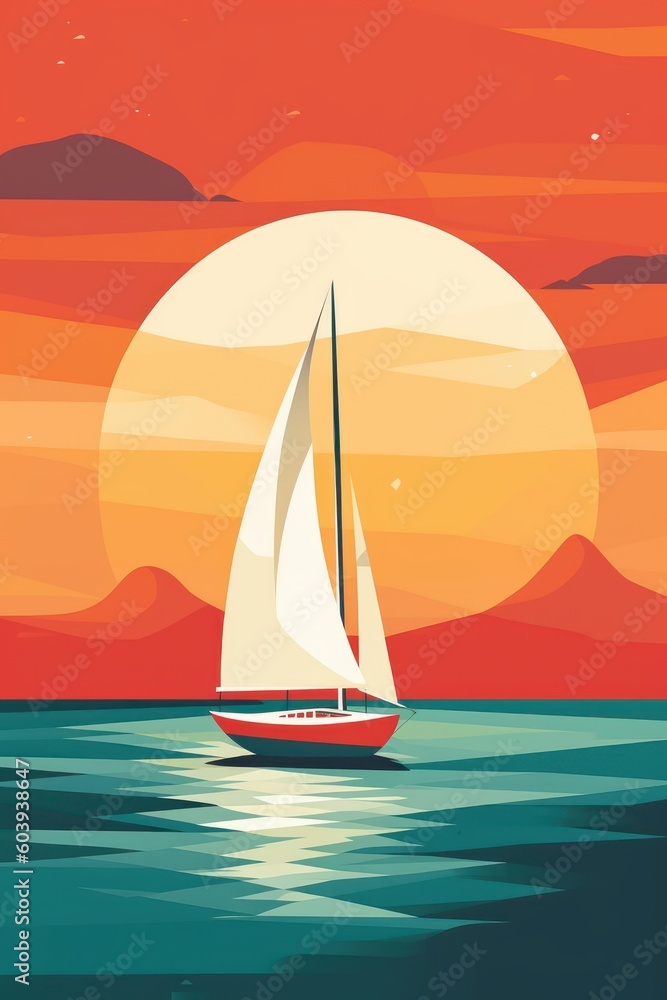 Minimalistic colorful art of a sailboat in the sea. Beautiful illustration picture. Generative AI