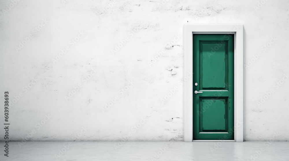 A white wall with a green door. Generative AI.