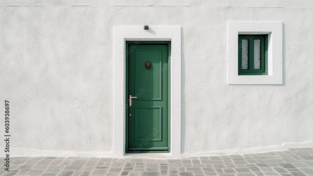 A white wall with a green door and window. Generative AI.
