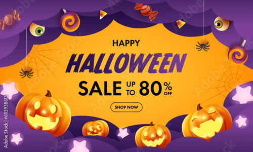 ハロウィーンのセールのためのベクターイラスト。カボチャのランタンと紫の雲のデザインの背景。バナーやポスターに。