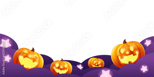 ハロウィーンのベクターイラスト。カボチャのランタンと紫の雲のデザインの背景。