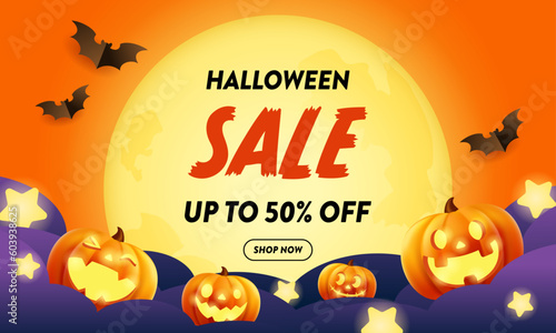 ハロウィーンのセールのためのベクターイラスト。カボチャのランタンと紫の雲のデザインの背景。バナーやポスターに。