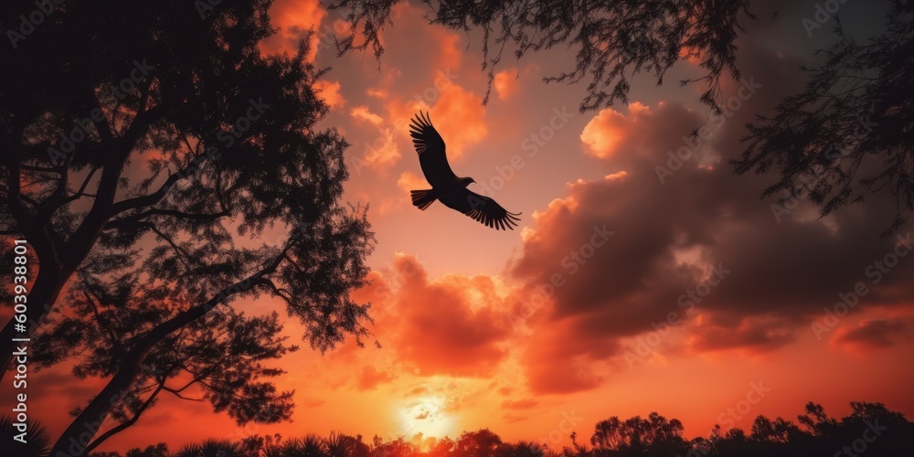 Fototapeta premium Silhouette of bird flying on sunset orange sky background. Generative AI