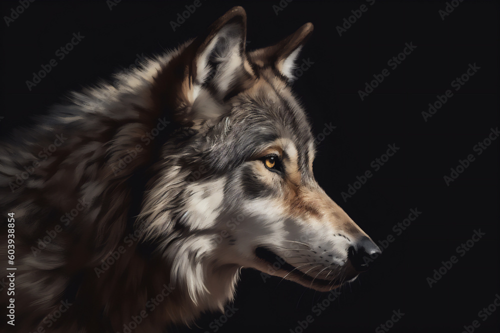 Fototapeta premium Watercolor colorful art portrait of wolf isolated on black background. Generative AI illustration.