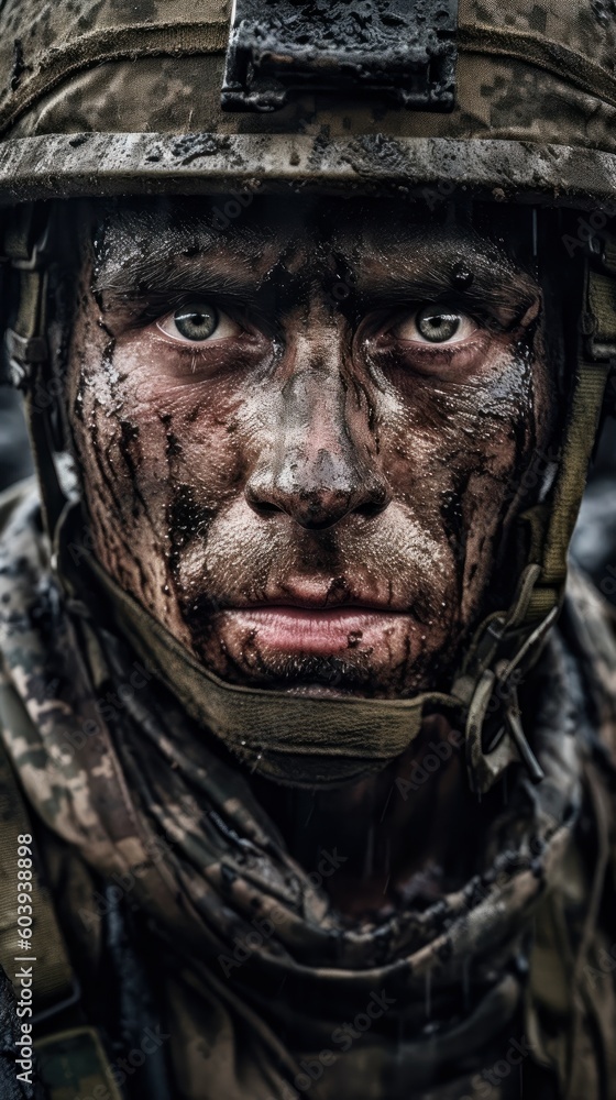 Emotional photo of soldier face. Conception of war. Beautiful illustration picture. Generative AI