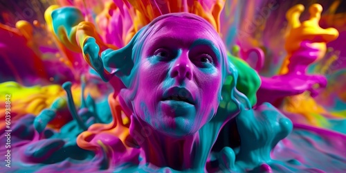 Psychedelic mashup of colors with human face. Beautiful illustration picture. Generative AI