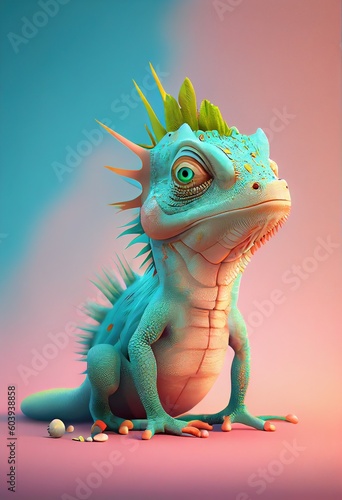 3D iguana character over pastel background AI generated