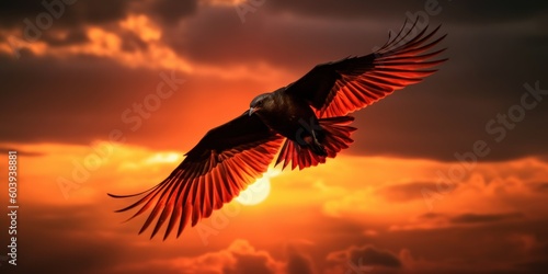 Silhouette of bird flying on sunset orange sky background. Generative AI © CYBERUSS