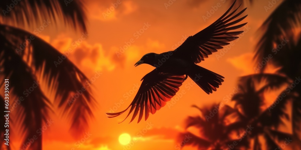 Obraz premium Silhouette of bird on tropical beach and sea sunset background. Generative AI