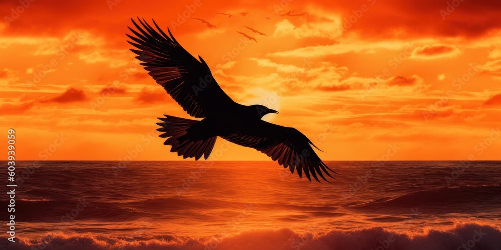Obraz premium Silhouette of bird on tropical beach and sea sunset background. Generative AI