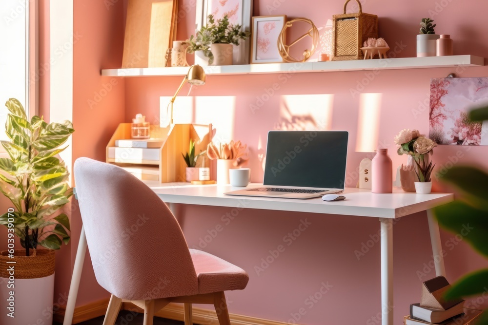 Fototapeta premium Domestic room with computer at daytime. Beautiful illustration picture. Generative AI