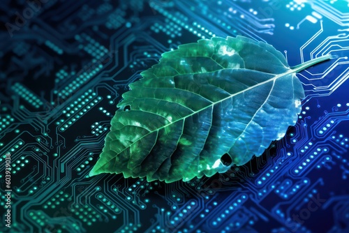 Leaf and electronic computer board. Beautiful illustration picture. Generative AI