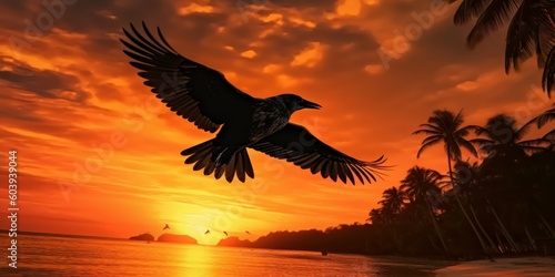 Silhouette of bird on tropical beach and sea sunset background. Generative AI © CYBERUSS