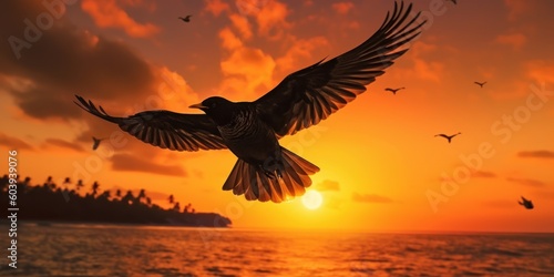 Silhouette of bird on tropical beach and sea sunset background. Generative AI © CYBERUSS