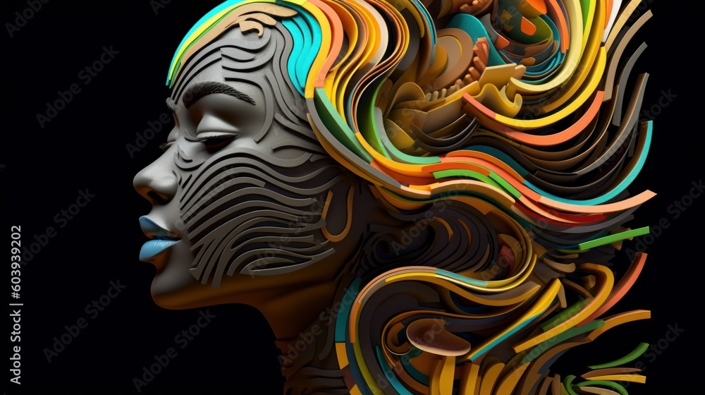 Strange wavy hair. Abstract girl in dark background. Beautiful illustration picture. Generative AI Strange wavy hair. Abstract girl in dark background. Beautiful illustration picture. Generative AI