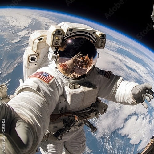 Astronaut is in the space  making selfie. Beautiful illustration picture. Generative AI