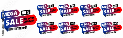 Set of sale tags or banner, mega sale get extra discount with different offer. 50, 10, 20, 30, 40, 60, 70, 80, 90 percent. Vector illustration. Isolated on a white background.