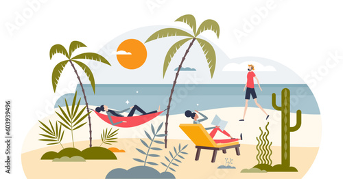 Relaxation and leisure with calm vacation at beach tiny person concept, transparent background. Sleeping, reading and walking as peaceful mental relief for life balance and recreation illustration.