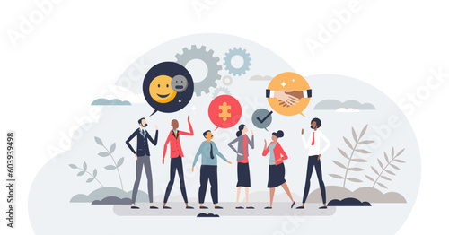 Soft skills as ability to understand communication tiny person concept, transparent background.Empathy and emotion intelligence in conversation as quality for leaders illustration.